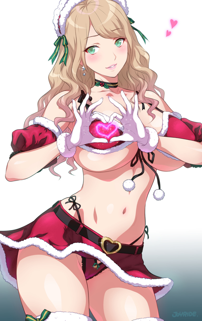 1girl belt black_belt black_choker breasts brown_hair choker christmas collarbone commentary_request eyebrows_visible_through_hair gloves green_eyes grey_background gyaru hairband heart heart_hands highres joy_ride kogal large_breasts long_hair looking_at_viewer navel original panties red_panties red_skirt school_uniform skirt solo thighhighs thighs two-tone_background underwear white_background white_gloves