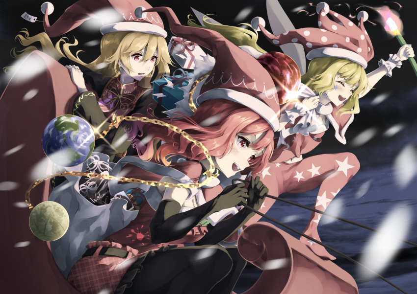 3girls alternate_costume arm_up bangs bare_shoulders belt black_choker black_gloves black_legwear blonde_hair blush box breasts capelet chain chinese_clothes choker closed_eyes clownpiece earth_(ornament) elbow_gloves english_commentary english_text eyelashes fairy_wings fire frills fur-trimmed_capelet fur_trim gift gift_box gloves gold_chain happy hat hecatia_lapislazuli highres holding holding_sack holding_torch jester_cap junko_(touhou) long_hair long_sleeves looking_to_the_side medium_breasts medium_hair merry_christmas moon_(ornament) multiple_girls neck_ruff open_mouth otomeza_ryuseigun pantyhose plaid plaid_skirt polka_dot red_capelet red_eyes red_hair red_headwear red_skirt reins sack santa_hat skirt sleigh star_(symbol) star_print tabard teeth torch torn_sack touhou wide_sleeves wings wrist_cuffs