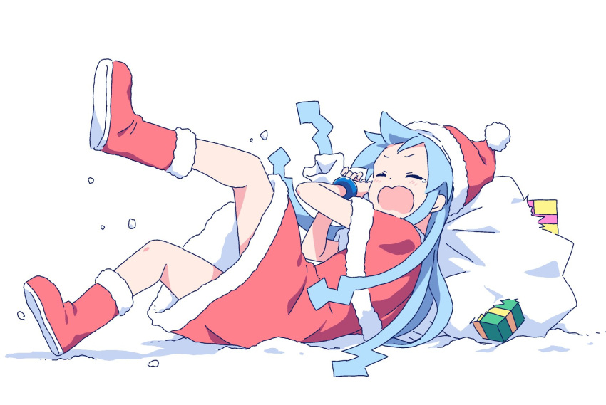 1girl anbe_masahiro blue_hair blush boots box capelet christmas closed_eyes falling full_body gift gift_box hat highres ikamusume long_hair open_mouth red_capelet red_footwear santa_hat shinryaku!_ikamusume simple_background solo tears tentacle_hair white_background