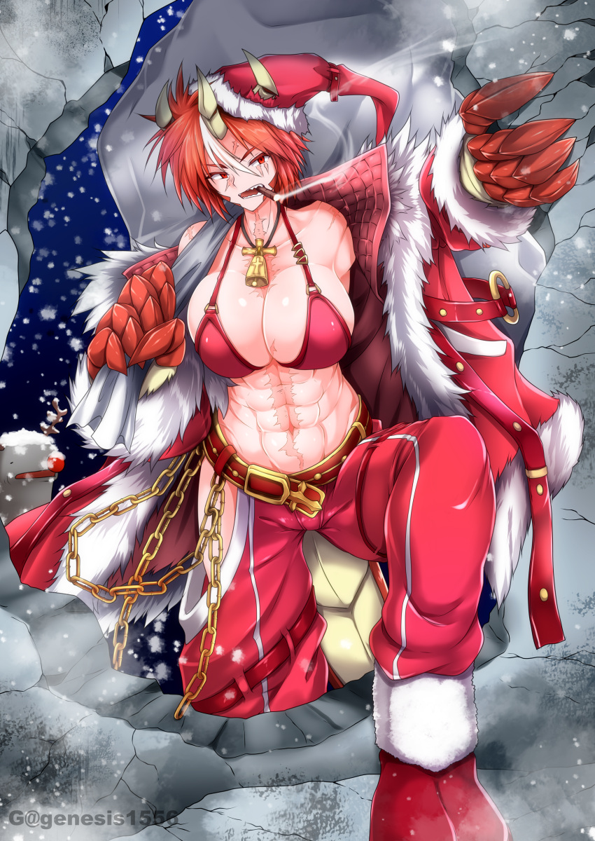 1girl abs absurdres artist_name bangs bare_shoulders bell belt bikini breasts carrying_over_shoulder chain claws cleavage coat collarbone commentary_request dein_(g_(genesis1556)) dragon_girl dragon_horns dragon_tail eyebrows_visible_through_hair fur-trimmed_coat fur-trimmed_footwear fur_trim g_(genesis1556) gold_chain hair_between_eyes hat highres hip_vent holding holding_sack hole_in_wall horns horns_through_headwear large_breasts long_sleeves looking_at_viewer monster_girl multicolored_hair muscular muscular_female navel neck_bell night off_shoulder open_clothes open_coat original pants red_belt red_bikini red_eyes red_footwear red_hair red_headwear red_pants sack santa_hat scar scar_across_eye scar_on_arm scar_on_chest scar_on_face scar_on_stomach shark sharp_teeth short_hair sidelocks smoking snow snowing solo_focus standing stomach streaked_hair swimsuit tail teeth two-tone_hair white_hair