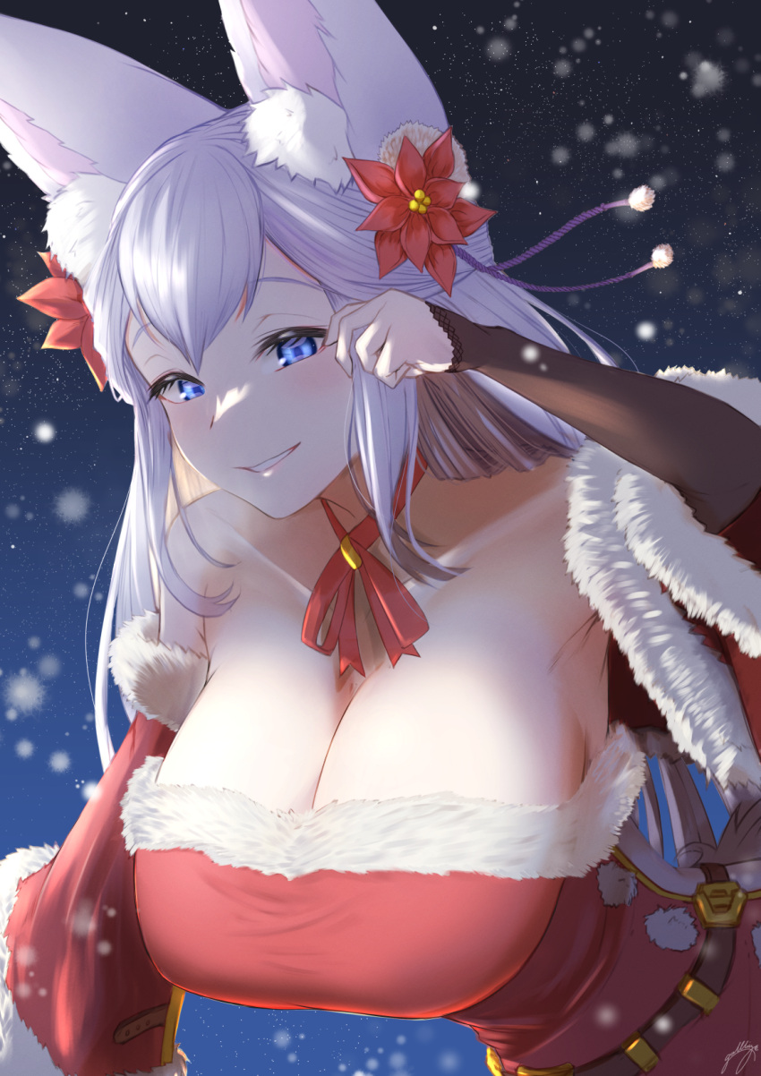 1girl animal_ears blue_eyes breasts christmas cleavage erune flower fox_ears fur_trim gollizo granblue_fantasy hair_flower hair_ornament highres large_breasts long_hair santa_dress silver_hair smile snow societte_(granblue_fantasy)