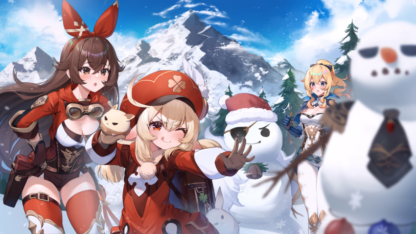 3girls :o ;q aiming amber_(genshin_impact) backpack bag bangs belt_pouch blonde_hair blue_eyes blue_sky blush bow breasts brown_eyes brown_gloves brown_hair cape cleavage eyebrows_visible_through_hair genshin_impact gloves goggles goggles_around_neck hair_bow hands_on_hips hat highres jean_(genshin_impact) klee_(genshin_impact) long_hair looking_at_another looking_at_object medium_breasts mountain multiple_girls one_eye_closed open_mouth pants ponytail pouch raijuu_(bakanara) red_bow red_eyes red_headwear red_legwear shirt short_shorts shorts side_ahoge sidelocks sky snow snowman straight_hair thigh_gap thigh_strap thighhighs tongue tongue_out tree v-shaped_eyebrows very_long_hair white_pants white_shirt