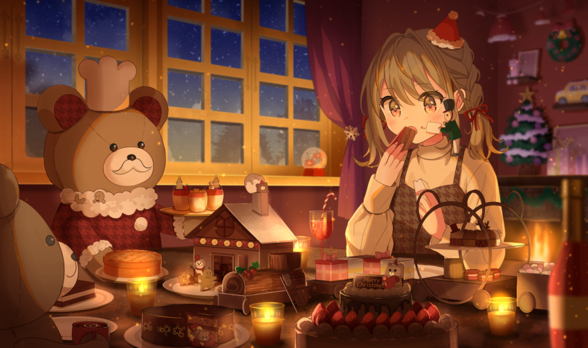 1girl blush brown_eyes brown_hair cake candle christmas christmas_tree eating food fruit gingerbread_house gingerbread_man medium_hair mizuki_(lvo0x0ovl) night open_mouth sitting snow snowman solo strawberry window