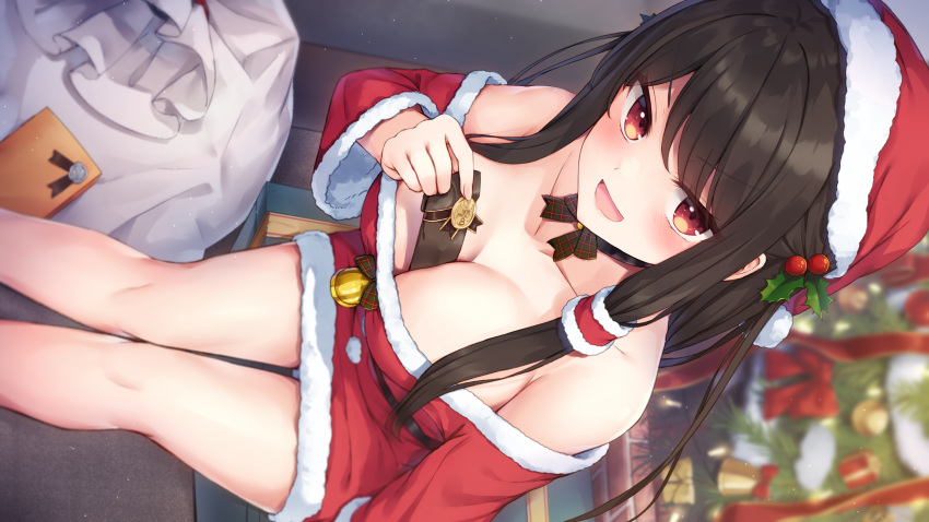 1girl :d absurdres bare_shoulders bell belt between_breasts black_choker black_hair blurry bow bowtie breasts choker christmas christmas_tree cleavage collarbone depth_of_field dress from_above fur_trim hair_ornament hat highres large_breasts long_hair looking_at_viewer looking_up naughty_face object_on_breast off-shoulder_dress off_shoulder original red_dress red_eyes red_headwear sack santa_costume santa_hat shiori_(tsuchikure) short_dress smile solo thighs tsuchikure v-shaped_eyebrows