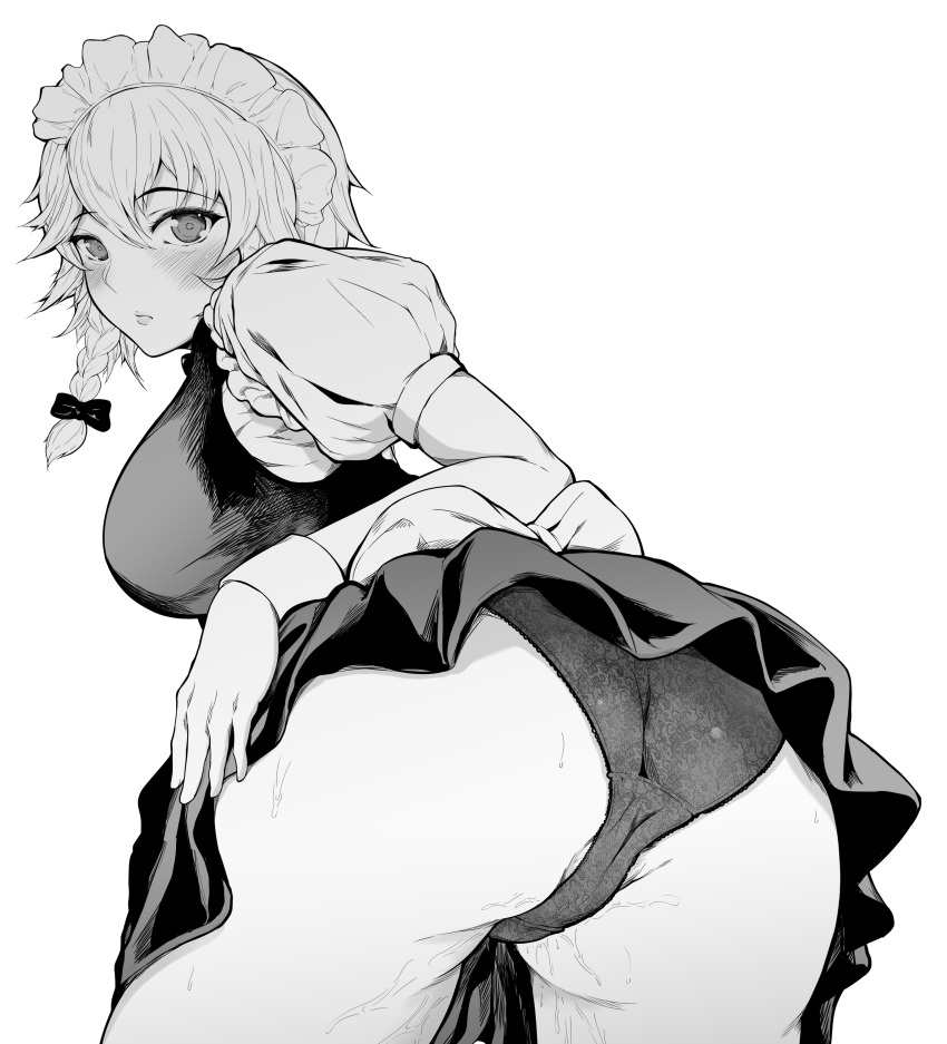 1girl absurdres ass ass_focus blush braid dress from_behind greyscale highres izayoi_sakuya looking_at_viewer looking_back mayonaka_taruho monochrome panties pantyshot puffy_sleeves short_dress short_hair silver_hair simple_background solo touhou twin_braids underwear white_background wrist_cuffs