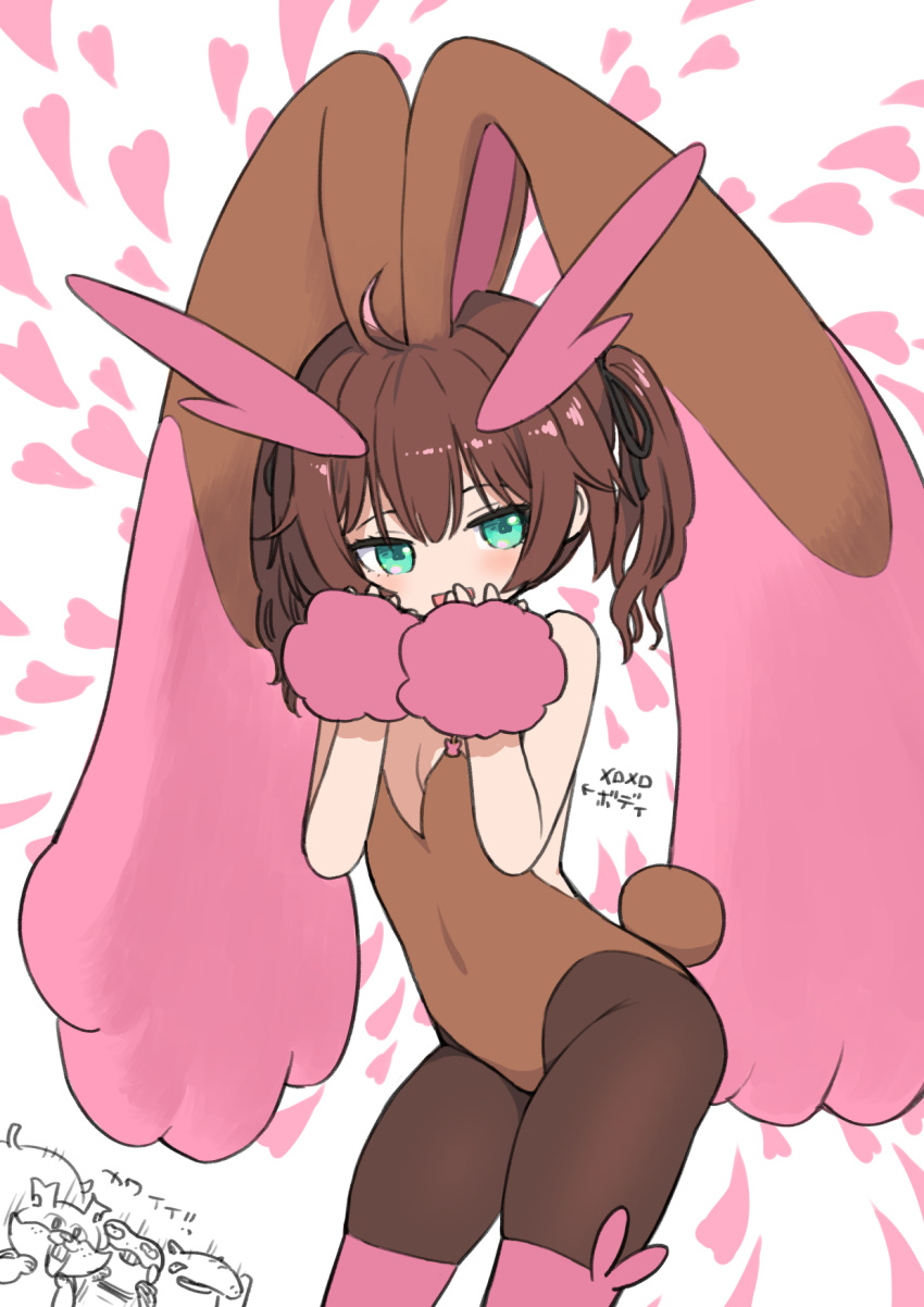 1girl animal_ears bare_arms bare_shoulders black_ribbon blush breasts brown_hair brown_legwear brown_leotard character_request cosplay drowzee green_eyes hair_ribbon hands_up heart highres hololive large_ears leotard looking_at_viewer lopunny lopunny_(cosplay) medium_hair natsuiro_matsuri pantyhose pink_legwear pokemon pokemon_(creature) rabbit_ears ribbon sabaku_chitai small_breasts smile solo standing thighhighs two_side_up wristband