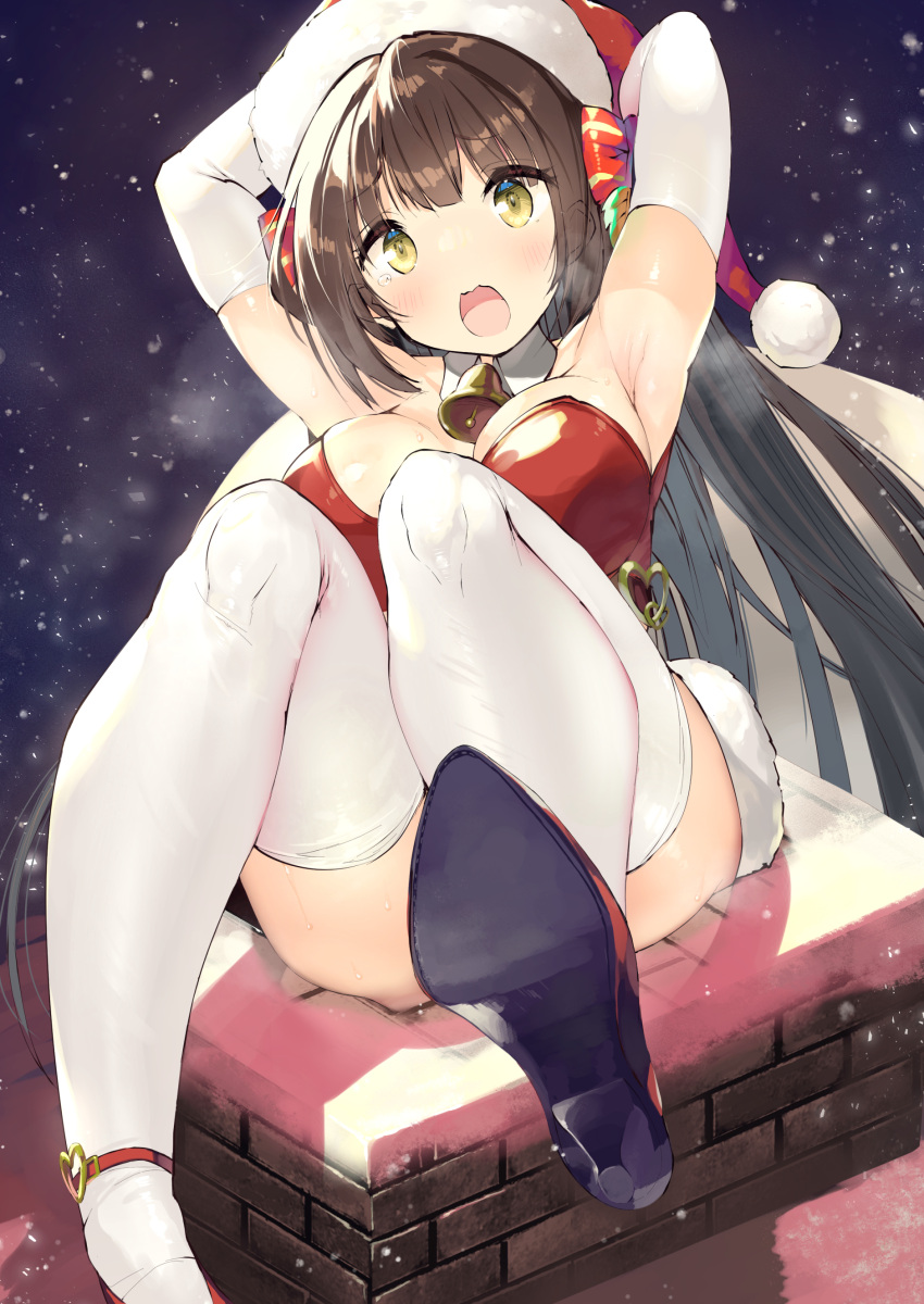 1girl absurdres arms_up bangs bell blunt_bangs blush breasts brown_hair chimney christmas commentary_request elbow_gloves eyebrows_visible_through_hair gloves hair_ribbon hat high_heels highres large_breasts long_hair looking_at_viewer neck_bell night ochinsama open_mouth original red_footwear ribbon sack santa_costume santa_hat snow solo stuck tearing_up thighhighs thighs white_gloves white_legwear yellow_eyes