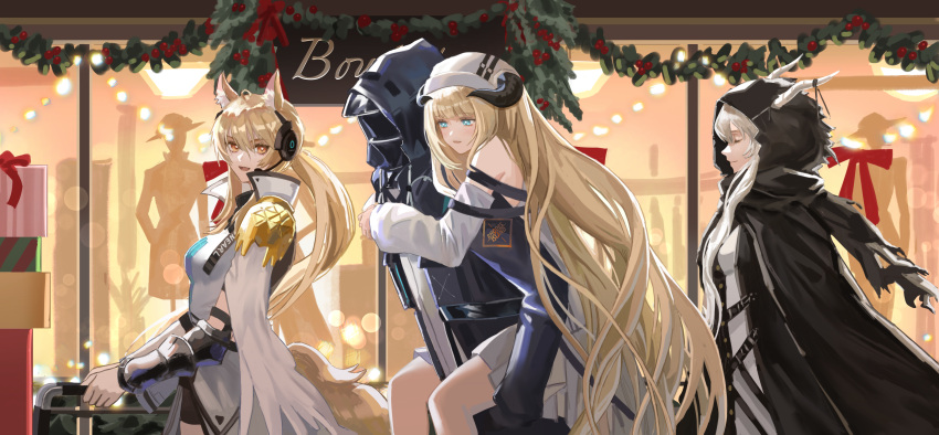 1other 3girls :d absurdres animal_ears arknights arm_guards backlighting bangs bare_shoulders black_coat blonde_hair blue_eyes blunt_bangs blush breasts cape carrying character_name christmas cloak closed_eyes closed_mouth clothes_writing coat detached_sleeves doctor_(arknights) dress eyebrows_visible_through_hair from_side hasegawamorito hat highres hood hooded_cloak hooded_coat horns horns_through_headwear horse_ears horse_girl horse_tail long_hair long_sleeves looking_at_viewer low_ponytail mask medium_breasts multiple_girls nearl_(arknights) nearl_the_radiant_knight_(arknights) night nightingale_(arknights) open_clothes open_coat open_mouth orange_eyes outdoors piggyback profile shining_(arknights) silver_hair smile storefront strapless strapless_dress tail very_long_hair white_cape white_dress white_headwear