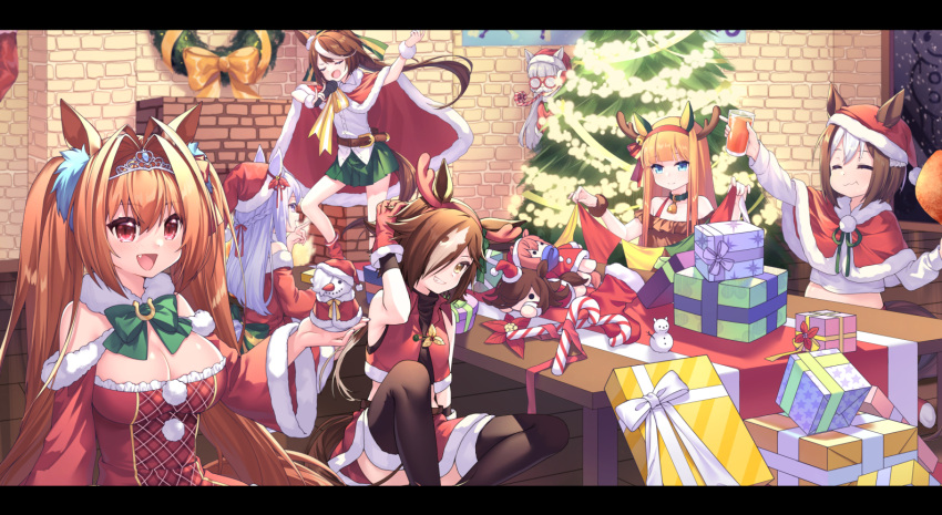 6+girls animal_ears antlers bell belt belt_buckle bespectacled blue_eyes box braid breasts brick_wall brown_belt brown_eyes brown_hair buckle cape capelet carrot_juice character_doll christmas christmas_ornaments christmas_tree cleavage closed_eyes commentary_request cup daiwa_scarlet_(umamusume) drinking_glass eyebrows_visible_through_hair fake_facial_hair fake_mustache fang food fur-trimmed_cape fur-trimmed_capelet fur_trim gift gift_box glasses gloves gold_ship_(umamusume) green_skirt grin hair_between_eyes hair_over_one_eye hat holding holding_cup holding_microphone horse_ears horse_girl horse_tail jingle_bell juice large_breasts light_purple_hair long_hair mejiro_mcqueen_(umamusume) microphone mihono_bourbon_(umamusume) multiple_girls music orange_hair pleated_skirt pom_pom_(clothes) ponytail poppy_(poppykakaka) red_cape red_capelet red_eyes red_gloves red_headwear reindeer_antlers rice_shower_(umamusume) santa_costume santa_hat shirt short_hair silence_suzuka_(umamusume) silver_hair singing skirt smile snowman special_week_(umamusume) tail tiara tokai_teio_(umamusume) turkey_(food) twintails umamusume vodka_(umamusume) white_hair white_shirt wrist_cuffs