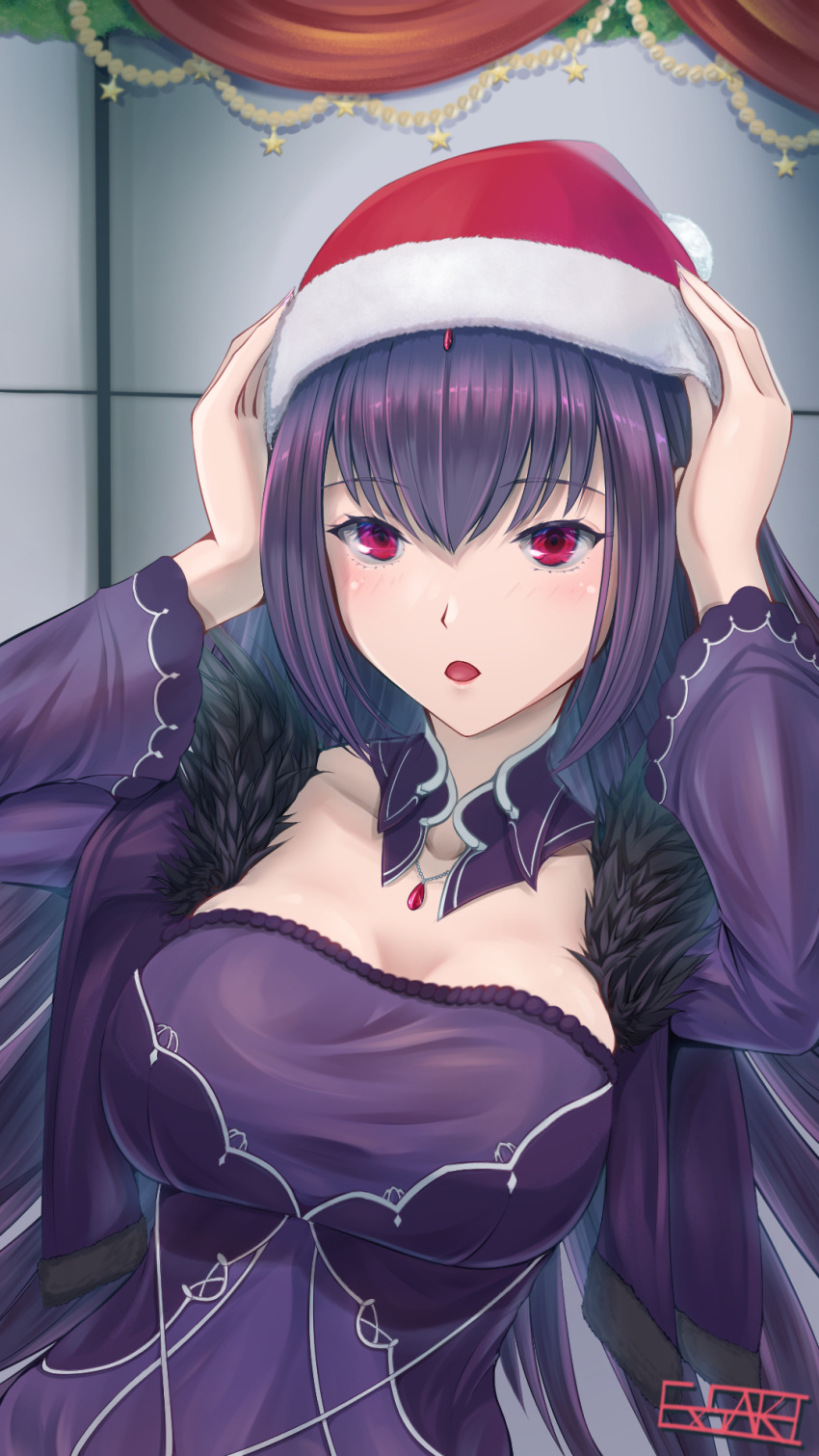 1girl breasts dress ex_saki fate/grand_order fate_(series) feather_trim fur-trimmed_headwear hair_between_eyes hat highres large_breasts long_sleeves purple_dress purple_hair red_eyes red_headwear santa_hat scathach_(fate) scathach_skadi_(fate) solo upper_body