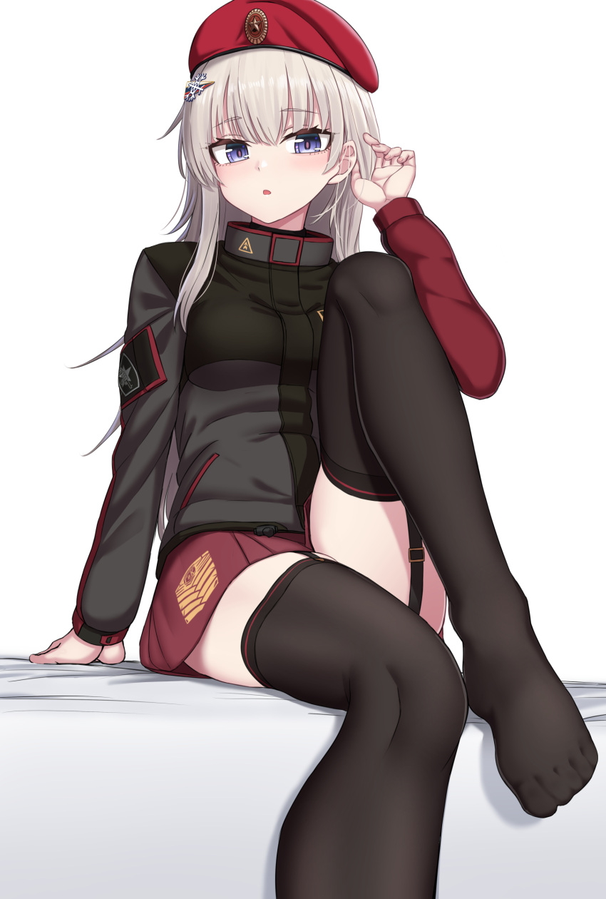 1girl absurdres ak74m_(girls'_frontline) arm_support bangs beret black_jacket black_legwear blue_eyes breasts eyebrows_visible_through_hair garter_straps girls'_frontline hair_ornament hat highres jacket legs long_legs long_sleeves looking_at_viewer no_shoes red_headwear red_skirt simple_background sitting skirt snowflake_hair_ornament solo thighhighs yakob_labo
