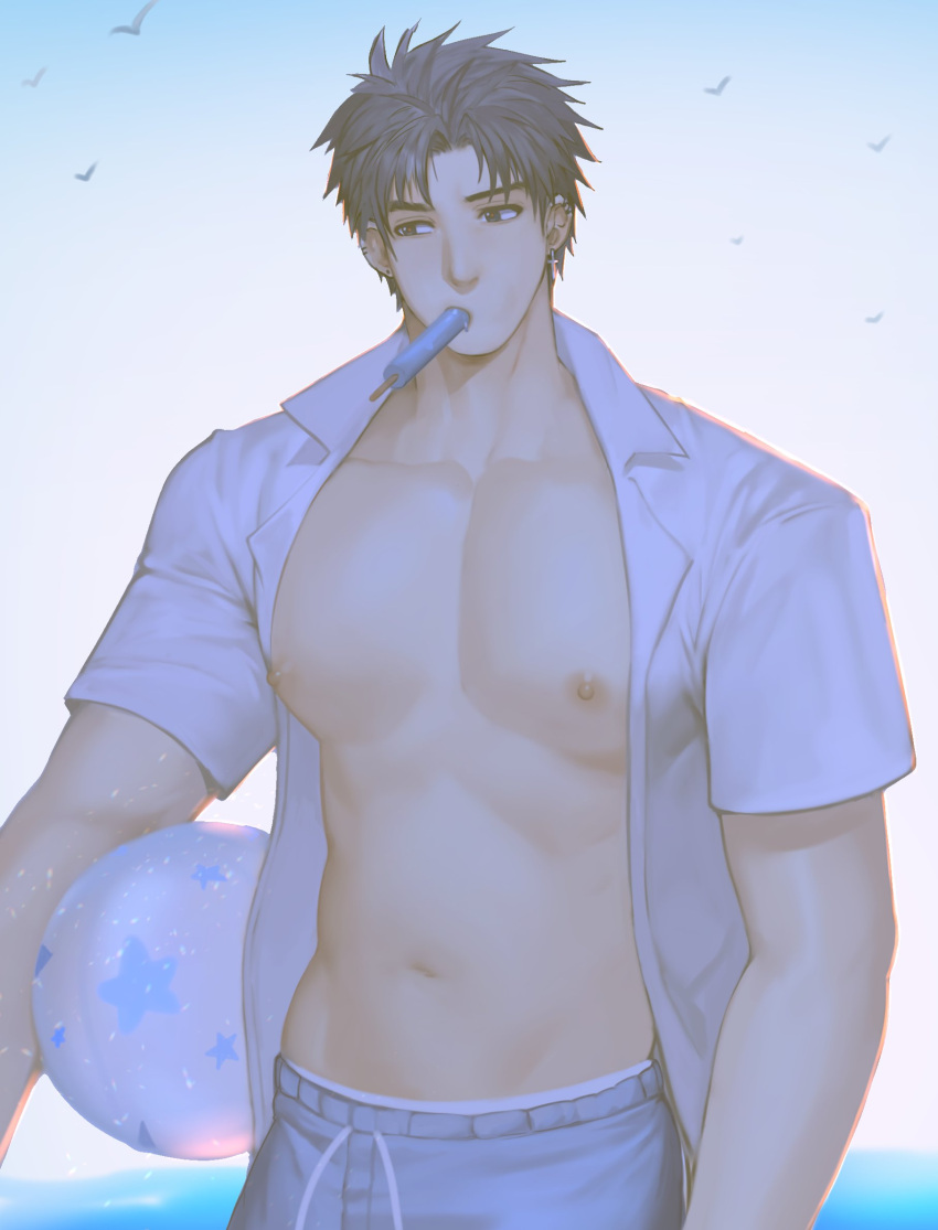 1boy arkapami ball bara bare_pectorals beachball black_hair collared_shirt day earrings food food_in_mouth grey_male_swimwear highres jewelry large_pectorals male_focus male_swimwear muscular muscular_male navel nipples open_clothes open_shirt original outdoors pectorals popsicle popsicle_in_mouth shirt short_hair sky solo white_shirt
