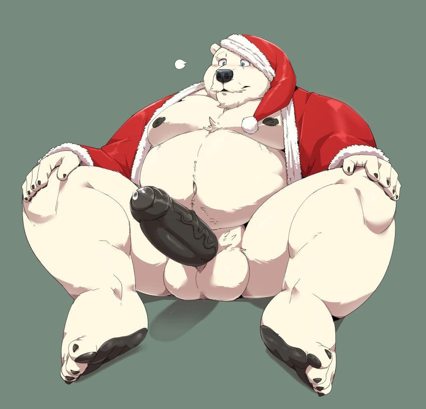 2021 absurd_res anthro balls belly christmas christmas_clothing christmas_headwear clothing erection genitals hat headgear headwear hi_res holidays humanoid_genitalia humanoid_hands humanoid_penis jumperbear kemono male mammal moobs nipples overweight overweight_male penis polar_bear santa_claus santa_hat simple_background sitting solo ursid ursine