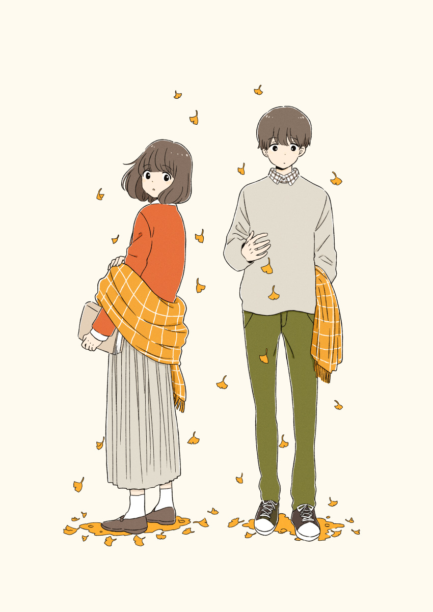 1boy 1girl :o :| absurdres adjusting_clothes ankle_socks arm_behind_back autumn autumn_leaves bangs beige_background black_eyes black_footwear blunt_bangs bob_cut book brown_footwear brown_hair closed_mouth cross-laced_footwear dot_nose eyebrows_visible_through_hair eyes_visible_through_hair falling_leaves floating_hair fringe_trim from_behind from_side full_body ginkgo_leaf green_pants grey_shirt grey_skirt hair_between_eyes hand_up highres holding holding_book itunohika leaf long_skirt long_sleeves looking_at_viewer looking_back looking_to_the_side mary_janes original pants parted_lips plaid pleated_skirt shawl shirt shoelaces shoes short_hair simple_background skirt sneakers socks straight-on tareme white_legwear wing_collar