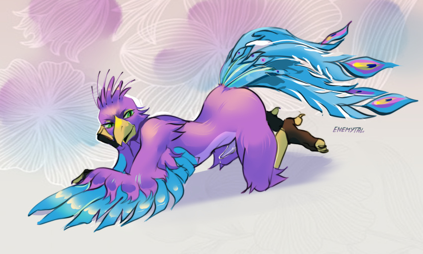 all_fours anthro avian beak bird bird_feet blue_body bodily_fluids enemytal erection feathered_crest feathered_wings feathers galliform genital_fluids genitals green_eyes grin gyro_feather head_crest hi_res looking_back male paws peafowl penis phasianid pink_body precum quadruped smile solo tail_tuft tuft wings