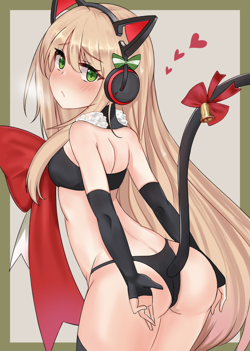 1girl absurdres animal_ears ass bare_shoulders bell blonde_hair blush bow cat_ear_headphones cat_ears cat_tail christmas cla_(finesoda) covering covering_ass cowboy_shot detached_sleeves eyebrows_visible_through_hair from_behind fur_trim girls'_frontline green_eyes hair_between_eyes headphones heart highres long_hair looking_at_viewer looking_back official_alternate_costume red_bow simple_background solo tail thighhighs tmp_(girls'_frontline) tmp_(red-eared_cat)_(girls'_frontline)