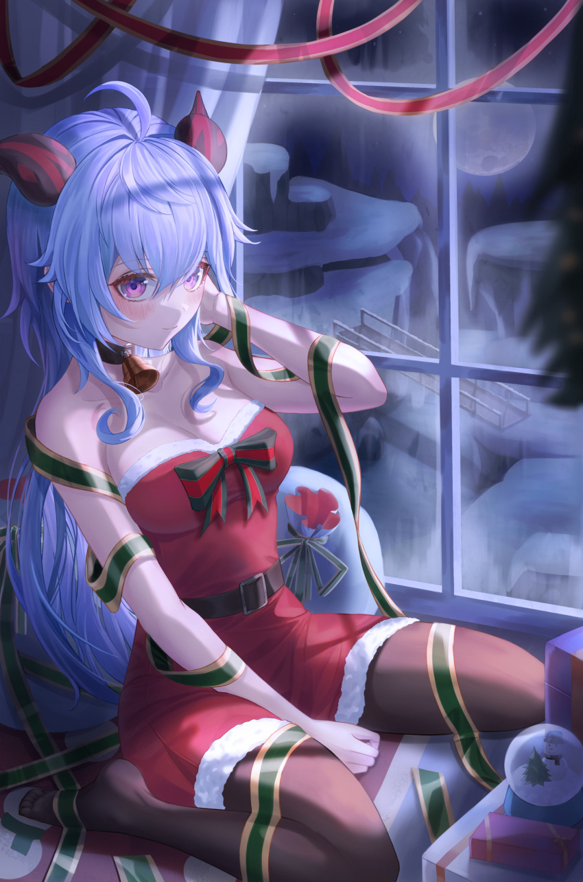 bell belt black_legwear blue_hair box breasts christmas christmas_present cleavage crystal dress full_moon ganyu_(genshin_impact) genshin_impact gift gift_box highres horns indoors looking_at_viewer moon multicolored_ribbon neck_bell no_shoes orb pantyhose purple_hair red_dress ribbon room sack sitting slime_nyang snow_globe striped striped_ribbon window