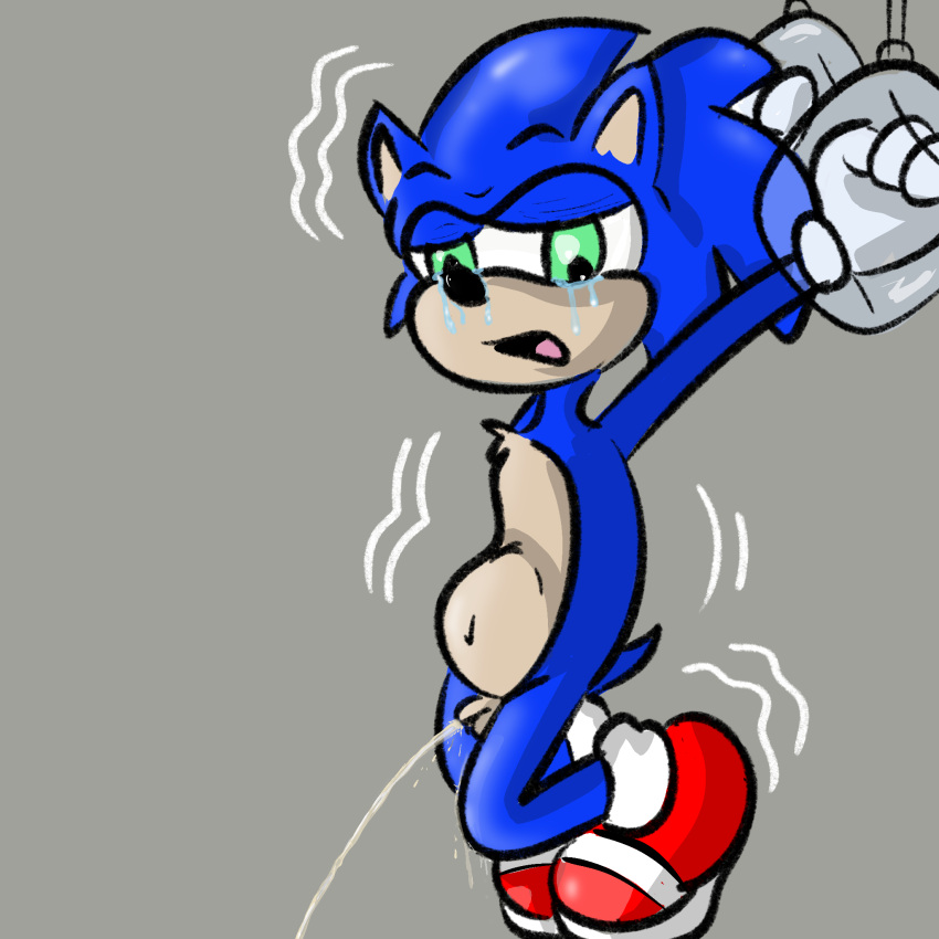 anthro bladder_bulge bodily_fluids clothing crying desperation eulipotyphlan flaccid footwear footwear_only genital_fluids genitals hedgehog hi_res illegaleel male mammal mostly_nude omorashi peeing penis restrained sega shaking shoes shoes_only simple_background small_penis solo sonic_the_hedgehog sonic_the_hedgehog_(series) tears urine urine_stream wetting