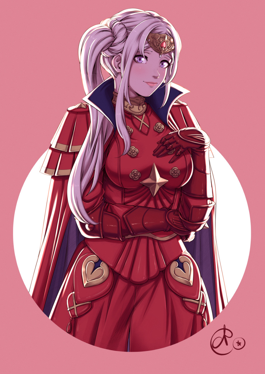 1girl benoit_picard breasts cape circlet cowboy_shot dress edelgard_von_hresvelg fire_emblem fire_emblem:_three_houses gloves hand_on_own_chest highres long_hair looking_at_viewer medium_breasts purple_eyes red_cape red_dress red_gloves side_ponytail smile solo white_hair