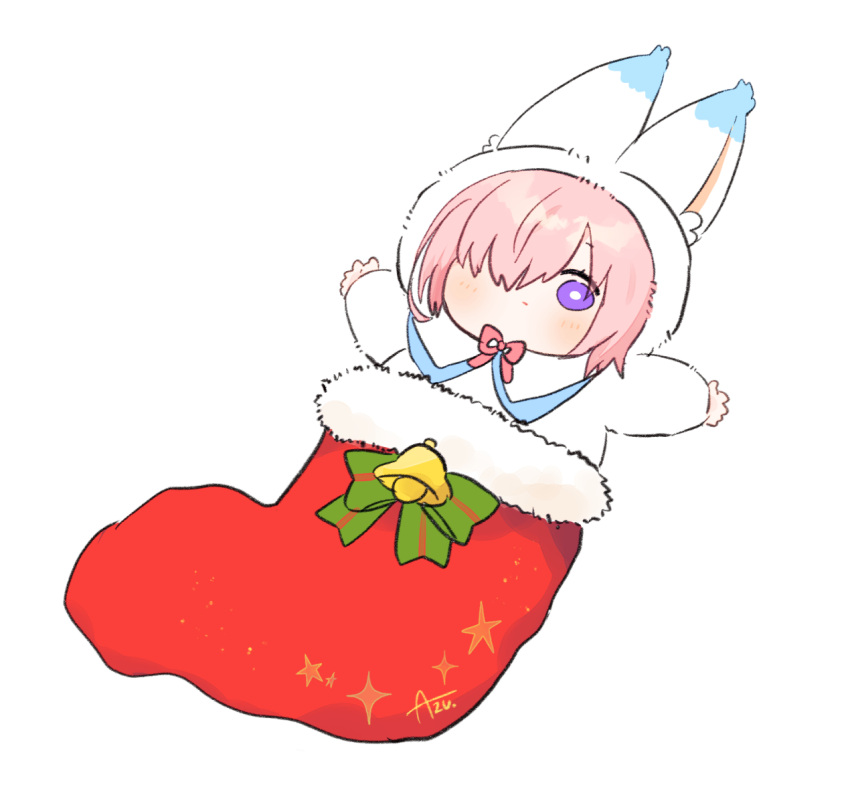 1girl alternate_costume animal_costume animal_ears azu_(kirara310) baggy_clothes baggy_pants blush_stickers chibi christmas_stocking closed_mouth commentary cosplay fake_animal_ears fake_tail fate/grand_order fate_(series) fou_(fate) fou_(fate)_(cosplay) hair_over_one_eye hands light_purple_hair looking_at_viewer lying mash_kyrielight on_back one_eye_covered open_hands pajamas pants purple_eyes short_hair signature simple_background tail white_background