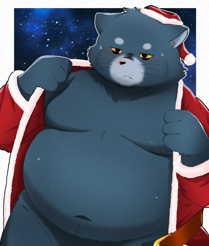 2021 anthro belly christmas christmas_clothing christmas_headwear clothing domestic_cat felid feline felis hat headgear headwear hi_res holidays humanoid_hands kemono male mammal moobs navel overweight overweight_male santa_hat solo trail_arnak undressing