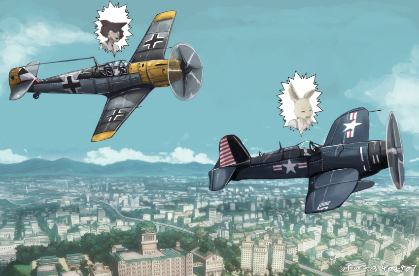 aircraft angry beastars bf_109 canid canine canis city city_background cloud duo f4u_corsair female female/female german_flag germany haru_(beastars) hi_res juno_(beastars) lagomorph leporid luftwaffe mammal messerschmitt mitchthegoat rabbit screaming sky town united_states_of_america vought weapon wolf world_war_2