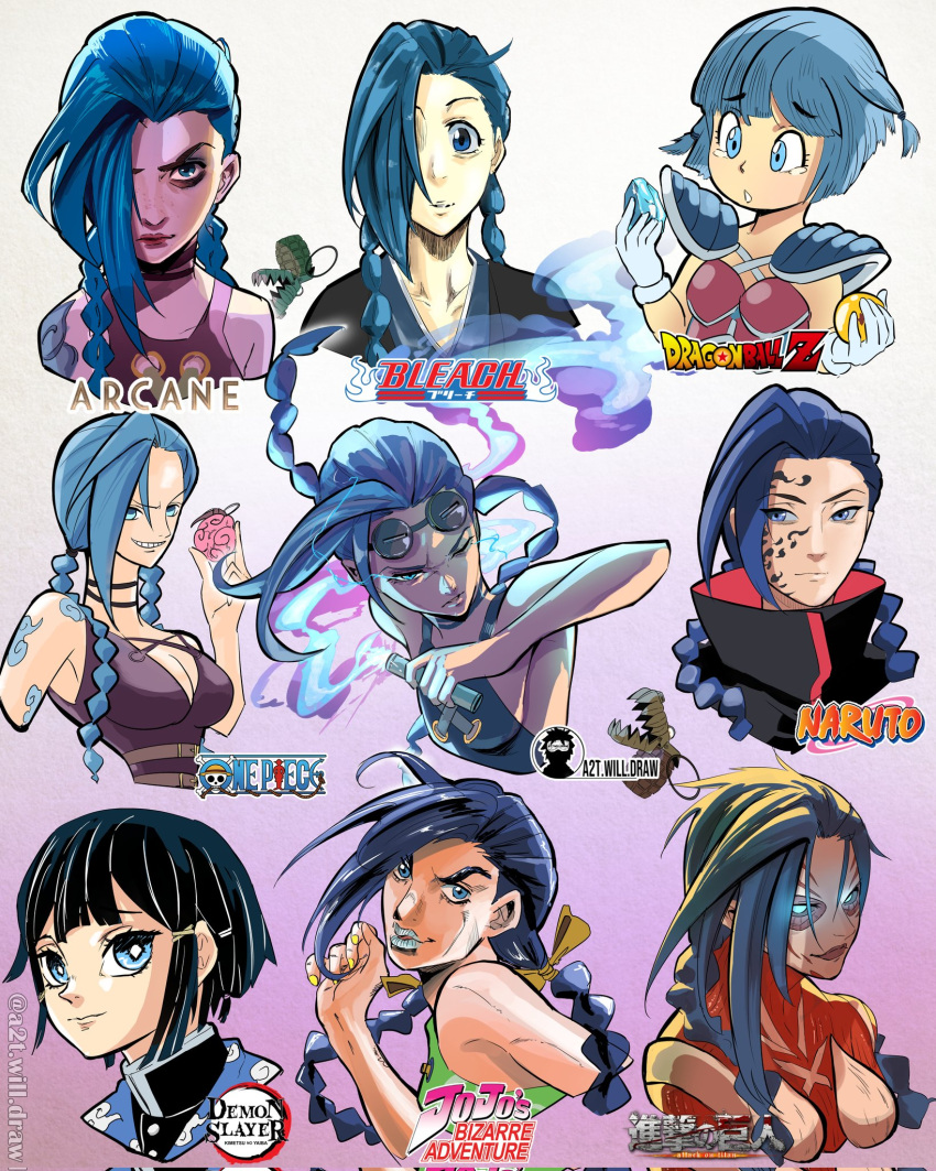 1girl a2t_will_draw akatsuki_uniform araki_hirohiko_(style) arcane:_league_of_legends arcane_jinx arm_tattoo artist_name bare_shoulders black_hair bleach bow braid breasts choker cloud_print cloud_tattoo copyright_name crystal dragon_ball dragon_ball_(object) dragon_ball_z english_commentary english_text explosive eyebrows_visible_through_hair facial_tattoo flare flat_chest frown gloves glowing glowing_eyes goggles goggles_on_head gotouge_koyoharu_(style) grenade hair_bow hair_over_one_eye highres holding isayama_hajime_(style) japanese_clothes jinx_(league_of_legends) jojo_no_kimyou_na_bouken kimetsu_no_yaiba kimono kishimoto_masashi_(style) kubo_tite_(style) league_of_legends long_hair looking_at_viewer medium_breasts multiple_views nail_polish naruto_(series) oda_eiichirou_(style) one_piece parody purple_hair saiyan_armor shingeki_no_kyojin short_hair smile style_parody tattoo tearing_up titan_(shingeki_no_kyojin) toriyama_akira_(style) twin_braids twitter_username