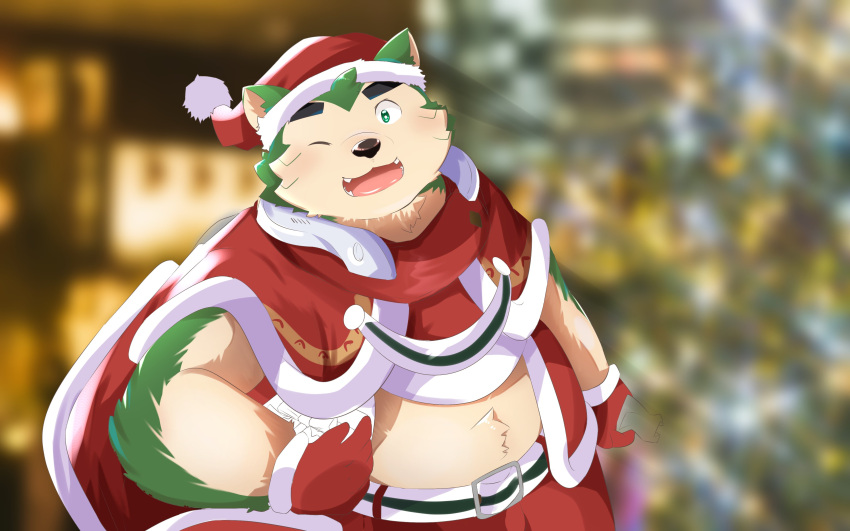 2021 absurd_res anthro blush canid canine canis christmas christmas_clothing christmas_headwear clothing costume domestic_dog fur green_body green_fur hat headgear headwear hi_res holidays kemono lifewonders live-a-hero male mammal mokdai one_eye_closed overweight overweight_male pig_p0318 santa_costume santa_hat solo video_games wink young