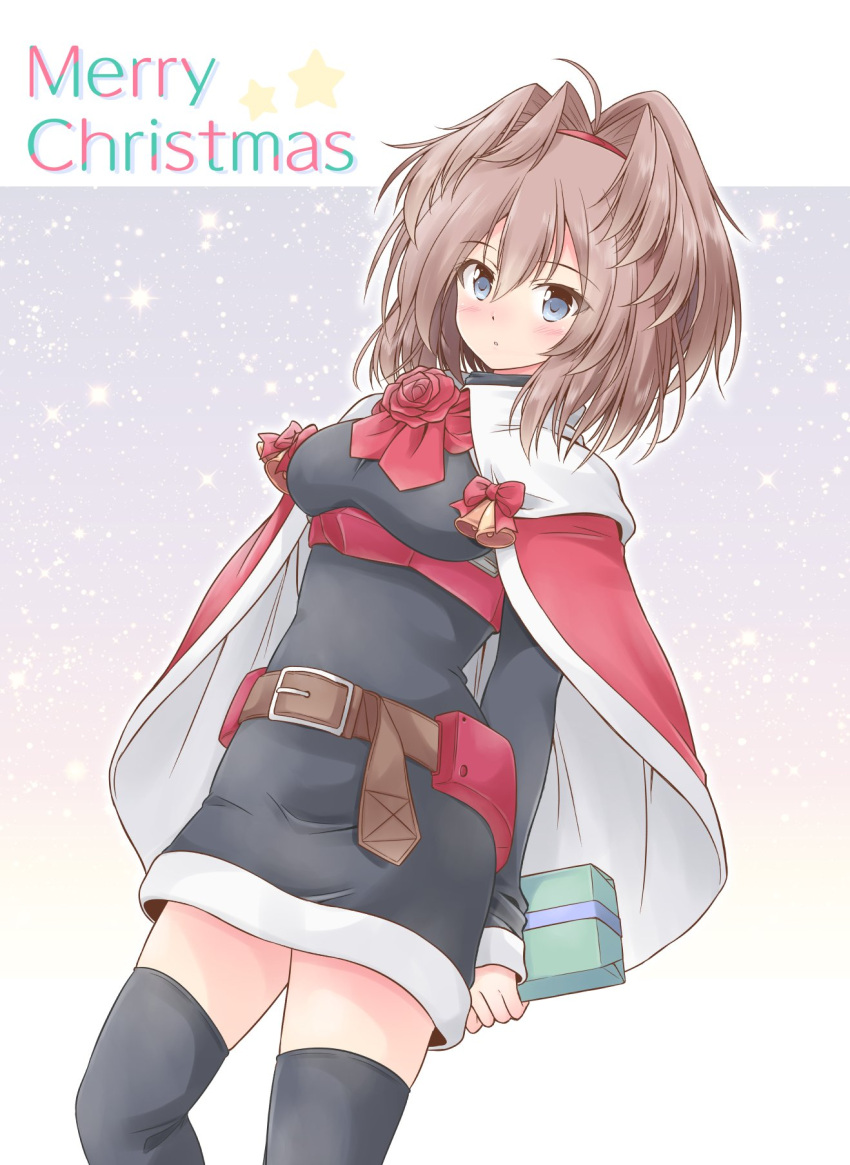 1girl belt belt_buckle black_legwear blue_eyes blush box breasts brown_belt brown_hair buckle capelet christmas eyebrows_visible_through_hair flower gift gift_box gradient gradient_background hair_between_eyes highres holding holding_gift icesherbet kantai_collection large_breasts long_sleeves medium_hair merry_christmas official_alternate_costume parted_lips red_capelet red_flower red_ribbon red_rose ribbon rose sheffield_(kancolle) solo thighhighs