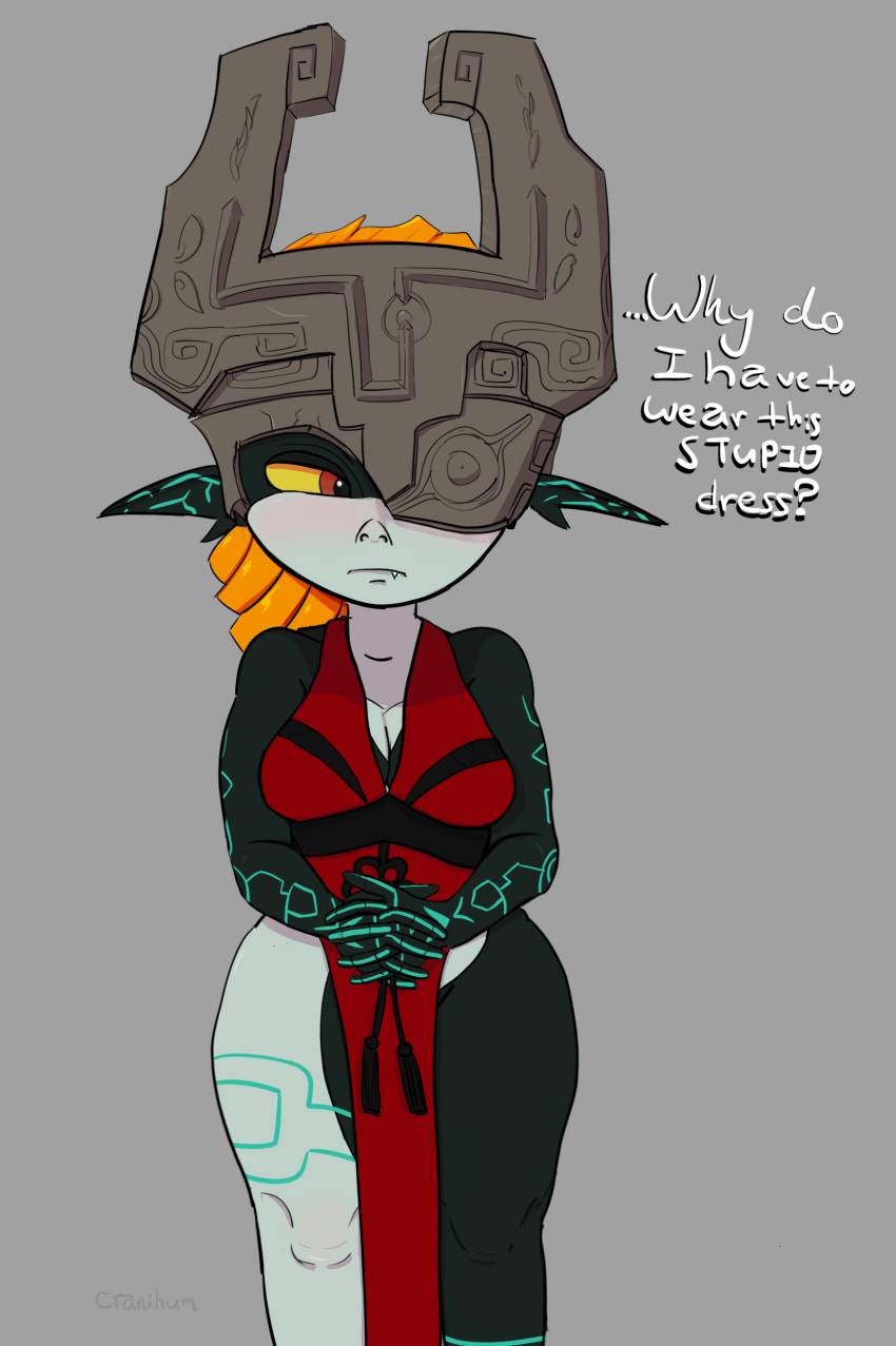 absurd_res clasped_hands clothed clothing cranihum embarrassed english_text female grey_background hi_res humanoid humanoid_pointy_ears imp looking_aside midna nintendo not_furry simple_background snaggle_tooth solo text the_legend_of_zelda twili twilight_princess video_games wide_hips yellow_sclera