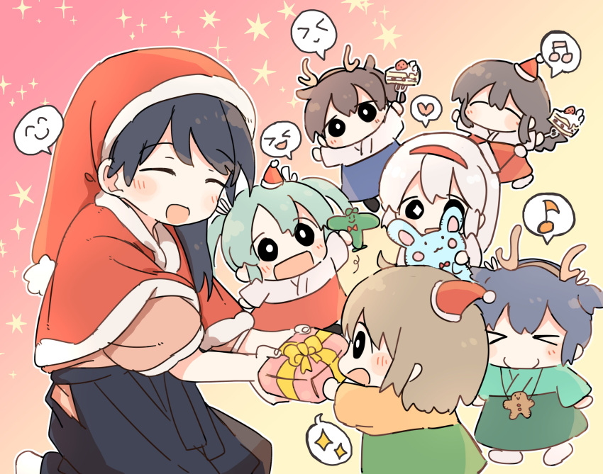 &gt;_&lt; 6+girls absurdres akagi_(kancolle) antlers beamed_eighth_notes black_eyes black_hair black_hakama blue_hair blue_hakama blush box brown_hair capelet christmas closed_mouth commission eighth_note food fork fruit gift gift_box green_hair green_hakama green_kimono hair_between_eyes hakama hakama_skirt hat headband heart highres hiryuu_(kancolle) holding holding_fork holding_gift houshou_(kancolle) ina_(1813576) japanese_clothes kaga_(kancolle) kantai_collection kimono long_hair multiple_girls musical_note one_side_up open_mouth orange_kimono pink_kimono pom_pom_(clothes) ponytail red_capelet red_hakama red_headband red_headwear reindeer_antlers santa_hat short_hair shoukaku_(kancolle) side_ponytail skirt smile souryuu_(kancolle) spoken_expression spoken_heart spoken_musical_note spoken_sparkle strawberry strawberry_shortcake stuffed_animal stuffed_bunny stuffed_toy third-party_source twintails white_hair wide_sleeves zuikaku_(kancolle)