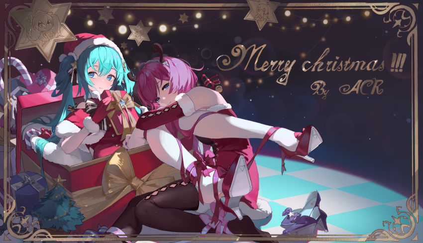 2girls absurdres acr_(dash) aqua_eyes aqua_hair argyle argyle_legwear bare_shoulders black_legwear blue_eyes box candy candy_cane checkered_floor chinese_commentary christmas christmas_tree commentary detached_sleeves food fur-trimmed_gloves fur-trimmed_headwear fur-trimmed_sleeves fur_trim gift gloves gold_trim hair_ornament half-closed_eyes hat hatsune_miku high_heels highres holding holding_box holding_gift in_box in_container initial leaning_forward leaning_on_person light_blush light_smile long_hair looking_at_viewer megurine_luka merry_christmas multiple_girls one_eye_closed outstretched_legs pink_hair red_footwear red_gloves red_headwear red_ribbon red_sleeves ribbon santa_hat sitting slippers slippers_removed spotlight star_(symbol) star_hair_ornament string_of_light_bulbs twintails very_long_hair vocaloid white_legwear
