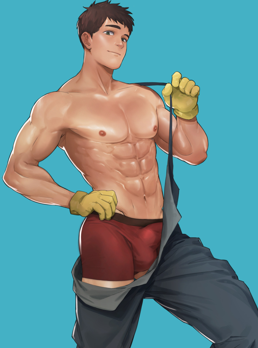 1boy abs absurdres black_pants blue_background boxer_briefs brown_hair bulge clothes_pull cowboy_shot erection erection_under_clothes firefighter gloves green_eyes hand_on_hip hand_up highres large_pectorals legs_apart light_smile looking_at_viewer male_focus male_underwear muscular muscular_male naoki_(xhju8282) navel nipples original pants pants_pull pectorals red_male_underwear short_hair simple_background solo standing suspenders suspenders_pull topless_male underwear yellow_gloves