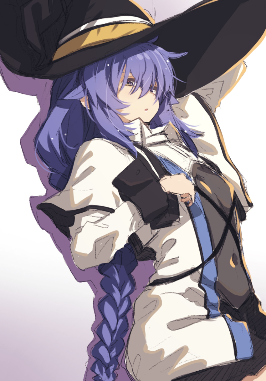 1girl akino_sora arm_up bangs black_headwear braid capelet collared_shirt commentary_request eyebrows_behind_hair gradient gradient_background hair_between_eyes hat highres jacket long_hair long_sleeves mushoku_tensei open_clothes open_jacket parted_lips purple_background purple_eyes purple_hair roxy_migurdia shirt single_braid solo very_long_hair white_background white_capelet white_jacket white_shirt witch_hat