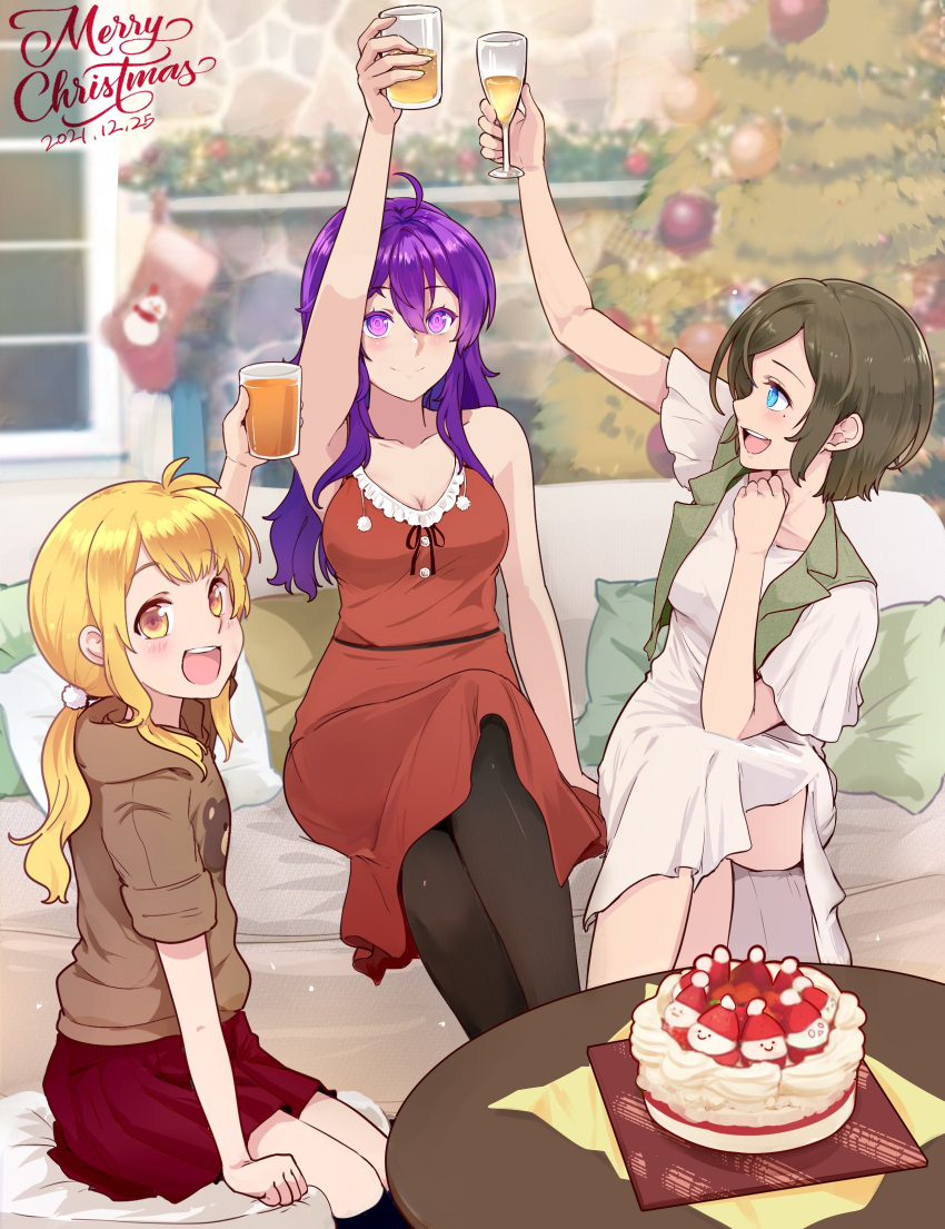 3girls arm_up bare_arms beifeng_han black_legwear blonde_hair blue_eyes blush breasts brown_hair brown_hoodie brown_jacket cake chimney christmas christmas_ornaments christmas_stocking christmas_tree cleavage collarbone couch cowlick crossed_legs cup cyou_shigen dress drink eyebrows_visible_through_hair flat_chest food glass_door glowing glowing_eyes highres holding holding_drink hood hoodie jacket kneehighs living_room long_hair looking_at_viewer medium_breasts miyaura_sanshio multiple_girls orange_eyes original pantyhose pillow pleated_skirt ponytail purple_eyes red_skirt short_hair short_sleeves side_slit sitting skirt sleeveless sleeveless_dress sleeves_rolled_up smile snowman table vest white_dress