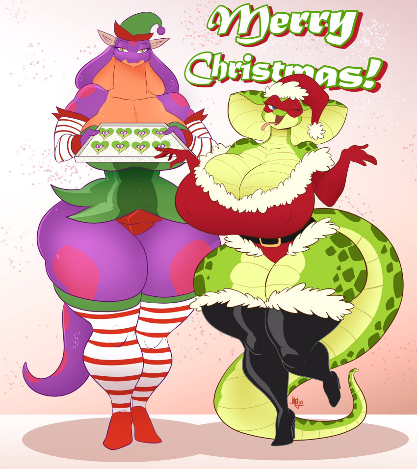 2021 anthro big_breasts blue_eyes breasts christmas cobra duo female green_body hi_res holidays hosemistress huge_breasts jaeh keeshee mask nipple_outline open_mouth purple_body reptile scalie snake snake_hood thick_thighs yellow_eyes