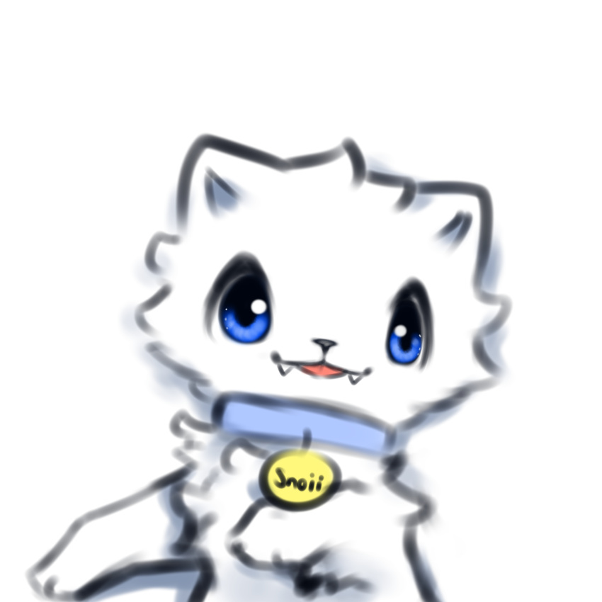 ambiguous_gender arctic_fox blue_eyes blue_sclera canid canine collar feral fluffy fox fur hi_res mammal name_tag open_mouth simple_background smile snoii_(snoiifoxxo) snoiifoxxo solo text tuft white_background white_body white_fur
