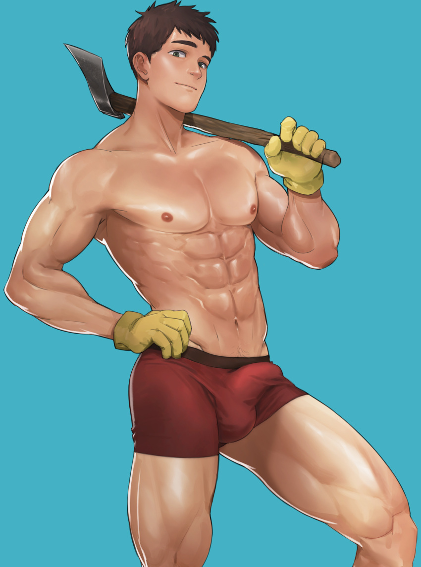 1boy abs absurdres axe blue_background boxer_briefs brown_hair bulge cowboy_shot erection erection_under_clothes firefighter gloves green_eyes hand_on_hip hand_up highres holding holding_axe large_pectorals legs_apart light_smile looking_at_viewer male_focus male_underwear muscular muscular_male naoki_(xhju8282) navel navel_hair nipples original pectorals red_male_underwear short_hair simple_background solo standing underwear underwear_only yellow_gloves