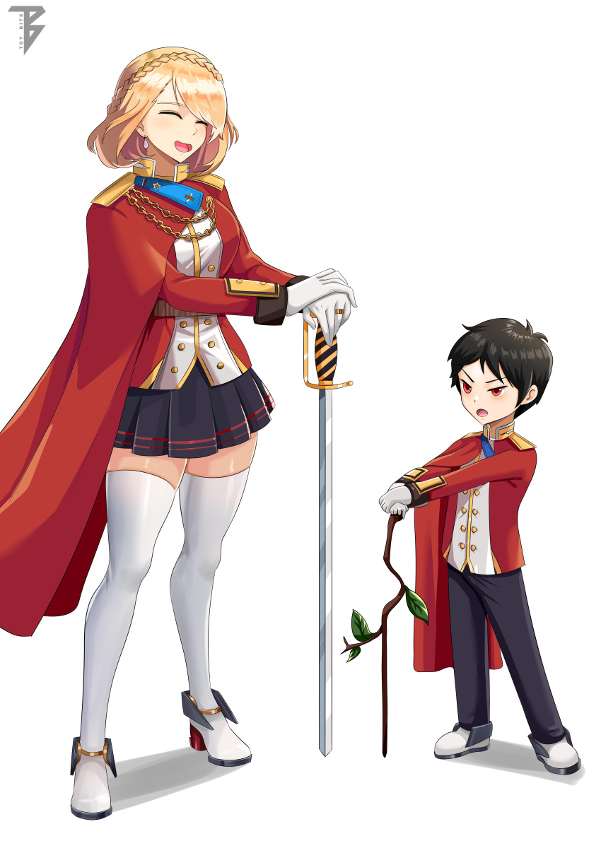 1boy 1girl absurdres azur_lane black_hair black_pants black_skirt blonde_hair braid cape closed_eyes commander_cool commission crown_braid earrings full_body highres jewelry mother_and_son open_mouth pants pleated_skirt pose prince_of_wales_(azur_lane) red_cape red_eyes red_shirt ring shirt simple_background skirt stick sword thighhighs weapon wedding_band white_background white_footwear white_legwear