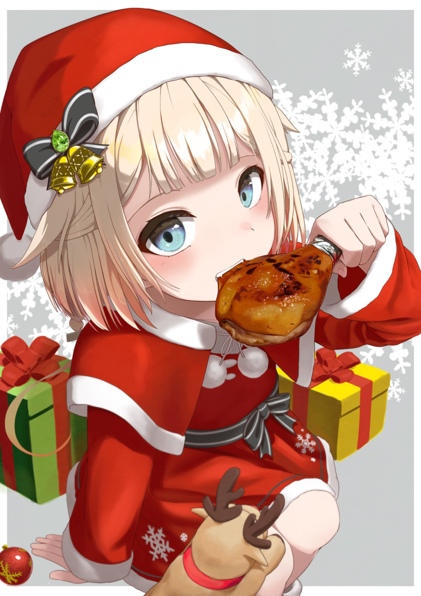 1girl animal_on_lap bird box braid capelet cevio chicken christmas christmas_ornaments commentary dip-dyed_hair dress eating english_commentary food foreshortening from_above fur-trimmed_capelet fur-trimmed_dress fur-trimmed_headwear fur_trim gift gift_box grey_background haiyuki_yuki hand_up hat highres holding holding_food light_blue_eyes looking_at_viewer one_(cevio) orange_hair platinum_blonde_hair pom_pom_(clothes) red_headwear reindeer santa_costume santa_dress santa_hat sitting snowflake_print snowflakes solo