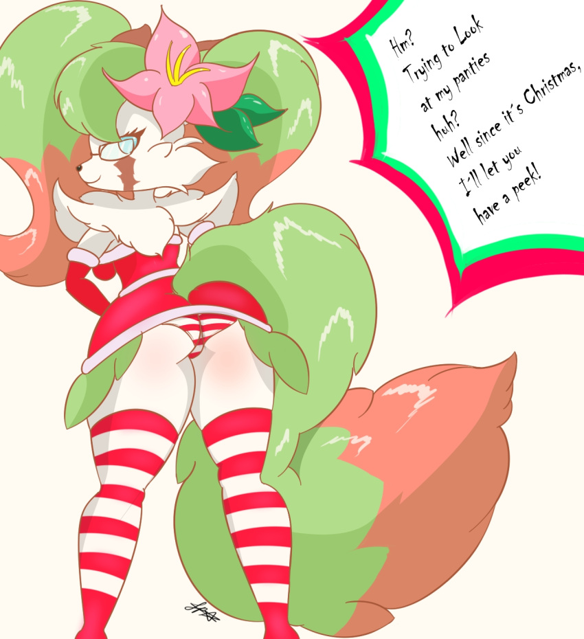 2021 anthro butt christmas clothing dress fan_character female hi_res holidays legwear panties pixyfox23 solo stockings stripes thick_thighs underwear