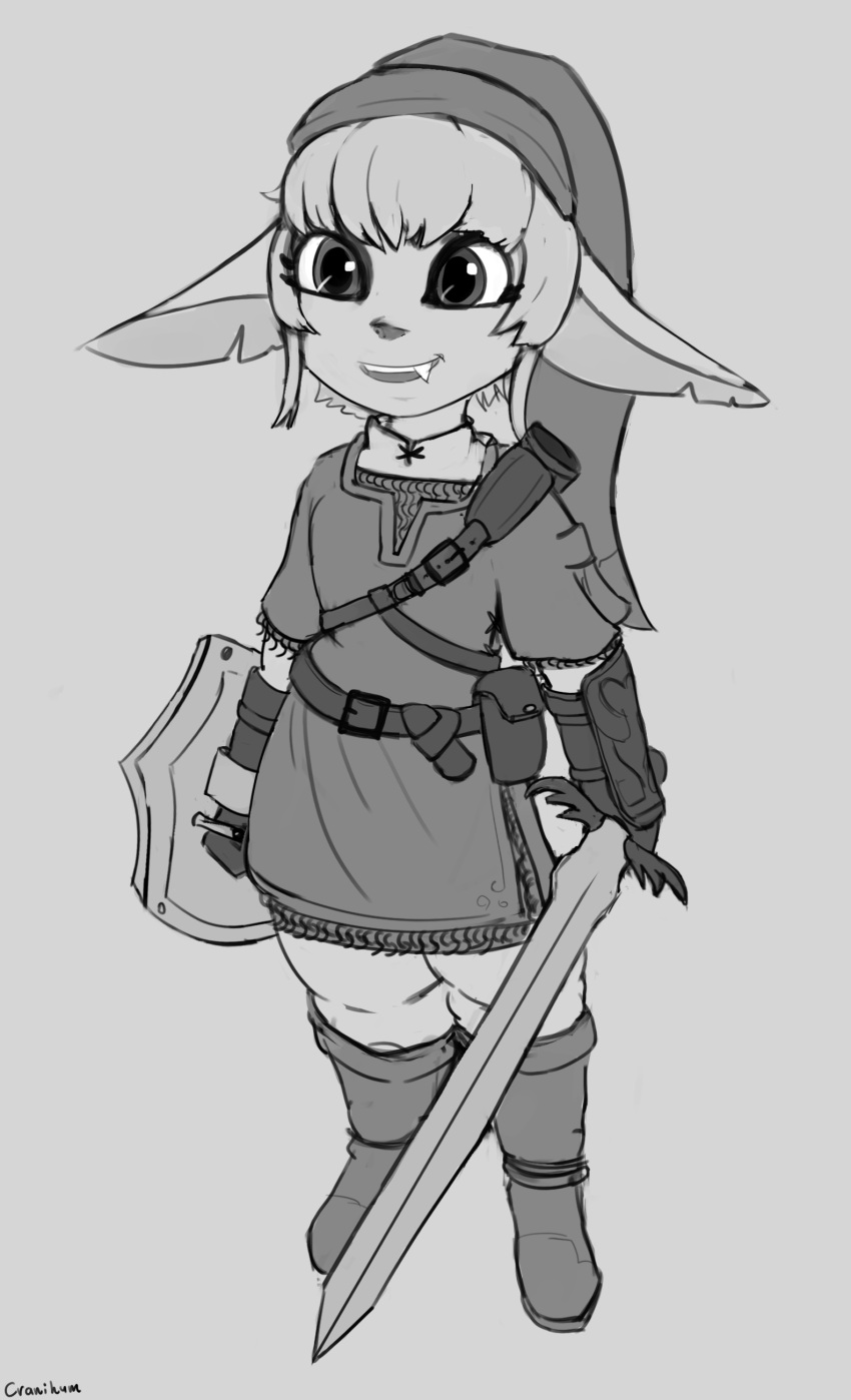 absurd_res cosplay cranihum female goblin grey_background greyscale hi_res humanoid humanoid_pointy_ears link melee_weapon monochrome nintendo not_furry open_mouth open_smile shield simple_background smile snaggle_tooth solo standing sword the_legend_of_zelda video_games weapon