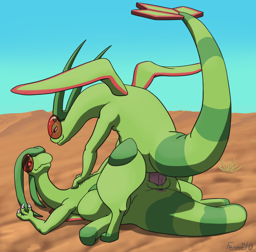 2021 anus bodily_fluids claws desert digital_media_(artwork) dominant dominant_female dragon duo female female_on_top fennelseed feral flygon genital_fluids genitals glaring hi_res lying male male/female nintendo on_back on_top penis pinned pok&eacute;mon pok&eacute;mon_(species) pussy_juice riding sand smug submissive submissive_male video_games