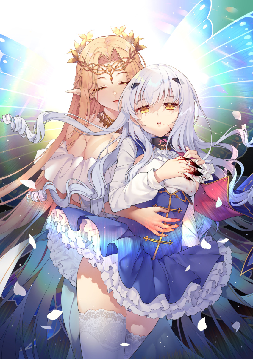 2girls :d absurdres aurora_(fate) bangs bare_shoulders blonde_hair blood blood_on_face blood_on_hands blue_skirt braid breasts butterfly_wings closed_eyes fairy_knight_lancelot_(fate) fate/grand_order fate_(series) fingernails flower frilled_skirt frills hair_flower hair_ornament hairclip headpiece highres long_hair long_sleeves may_(2747513627) medium_breasts multiple_girls open_mouth parted_bangs parted_lips petals pleated_skirt pointy_ears puffy_long_sleeves puffy_sleeves sharp_fingernails shirt skirt smile thighhighs very_long_hair white_hair white_legwear white_shirt wings yellow_flower