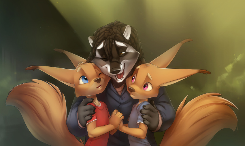 anthro embrace group hi_res hug male mammal narr8 procyonid raccoon rodent sciurid sibling subject_9 twins unknown_artist young