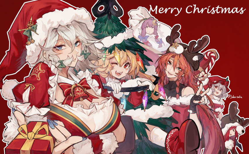 6+girls ;d alternate_costume animal_costume antlers aqua_eyes bangs bare_shoulders black_gloves blue_eyes blue_nails blush boots box breasts candy candy_cane christmas christmas_tree_costume cleavage closed_mouth collarbone commentary_request crescent crescent_hair_ornament crystal eyelashes fangs fingerless_gloves flandre_scarlet food fur-trimmed_gloves fur_trim gift gift_box gloves hair_ornament hair_ribbon hat_ornament highres hong_meiling izayoi_sakuya joker_(stjoker) koakuma laevatein_(touhou) large_breasts long_hair looking_at_viewer lower_teeth lying multiple_girls nail_polish on_back on_person one_eye_closed open_mouth patchouli_knowledge purple_hair red_background red_eyes red_footwear red_nails reindeer_antlers reindeer_costume remilia_scarlet ribbon sack siblings sidelocks silver_hair simple_background sisters sleigh smile socks standing star_(symbol) star_hat_ornament teeth tongue touhou tress_ribbon twintails twitter_username upper_teeth v white_gloves white_legwear wings wrist_cuffs