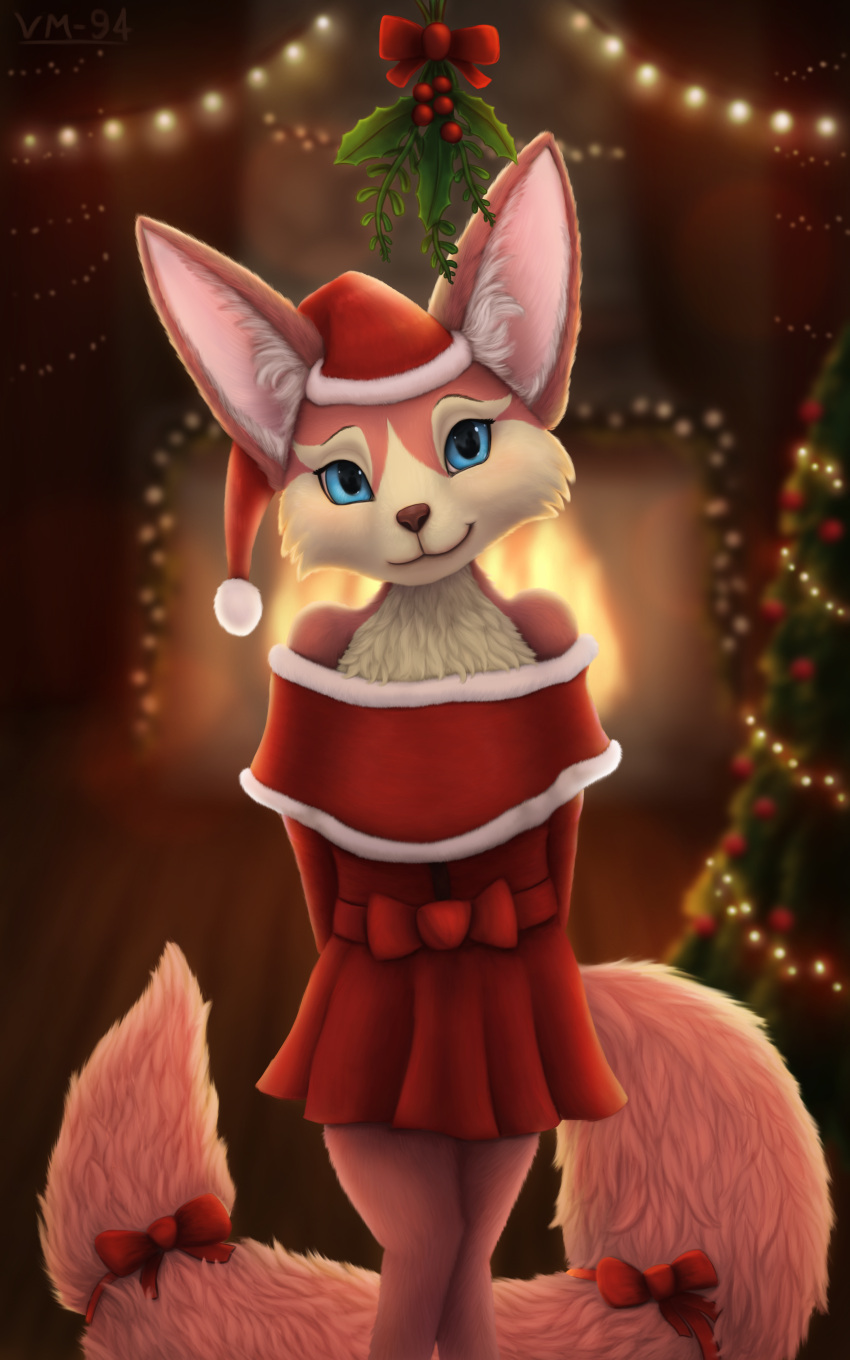 2021 absurd_res anthro blue_eyes canid canine christmas christmas_clothing christmas_headwear christmas_lights clothed clothing female fox fur hat headgear headwear hi_res holidays inner_ear_fluff mammal santa_hat sera_(vm94) solo tuft vm94