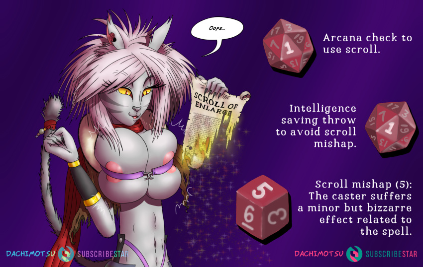 anthro areola areola_slip breast_expansion breast_squish breasts cam'wethrin catfolk clothing dachimotsu dice domestic_cat dungeons_and_dragons expansion felid feline felis female fur gameplay_mechanics grey_body grey_fur hair hasbro hi_res magic mammal pathfinder pink_hair red_eyes scarf solo squish tabaxi wardrobe_malfunction wizards_of_the_coast yellow_sclera