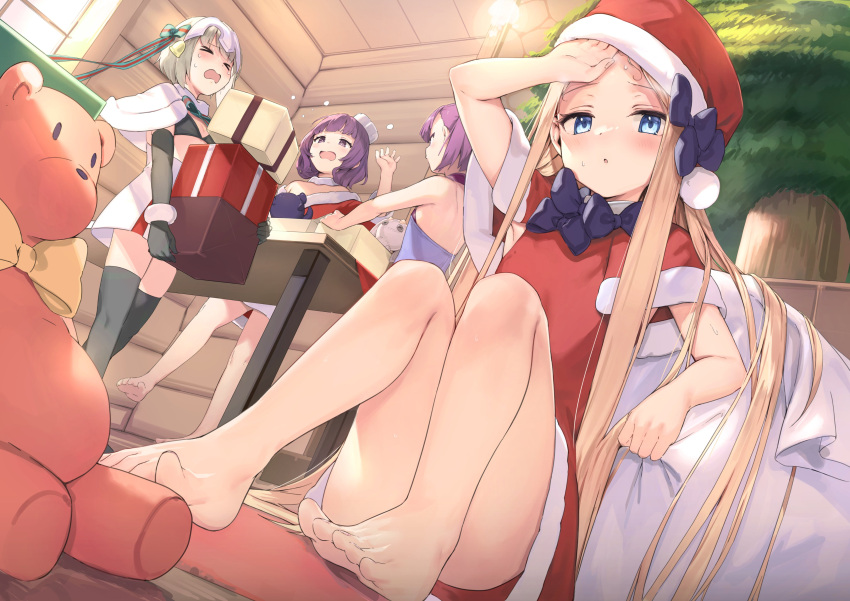 &gt;_&lt; 4girls abigail_williams_(fate) absurdres bare_legs barefoot black_bra black_gloves blonde_hair blush bra cabin capelet christmas_tree commentary_request convenient_leg dress elbow_gloves fate/grand_order fate_(series) feet flying_sweatdrops forehead fur-trimmed_capelet fur-trimmed_dress fur-trimmed_gloves fur_trim gloves hat helena_blavatsky_(fate) highres indoors jeanne_d'arc_(fate) jeanne_d'arc_alter_santa_lily_(fate) katsushika_hokusai_(fate) looking_at_another looking_at_viewer multiple_girls purple_hair red_dress sack sakimiya_mafu santa_dress santa_hat silver_hair sitting standing stuffed_animal stuffed_toy sweatdrop teddy_bear toes underwear wiping_forehead wiping_sweat wooden_floor wooden_wall