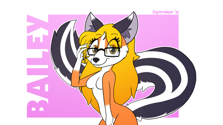 anthro arms_bent ass_up bent_over biped black_body black_ears black_eyewear black_fur black_glasses black_nose black_tail blonde_hair breasts brown_eyes butt canid canine covering covering_crotch covering_self curved_tail eyebrow_through_hair eyebrows eyelashes eyelashes_visible_through_hair eyewear fan_character featureless_breasts female fingers fingers_in_hair fox fur glasses hair hand_in_hair hand_on_leg hand_on_thigh hi_res hybrid inner_ear_fluff long_hair long_tail looking_at_viewer mammal markings mephitid multicolored_body multicolored_ears multicolored_fur multicolored_tail nude orange_body orange_butt orange_fur pink_background playing_with_hair simple_background skunk skunk_tail smile solo square_glasses squirrelman standing striped_markings striped_tail stripes tail_markings teeth teeth_showing text touching_hair translucent translucent_hair tuft two_tone_body two_tone_ears two_tone_tail white_arms white_body white_breasts white_ear_tips white_fur white_hands white_tail